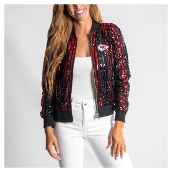 Women's FABGATING by Cuce  Red Kansas City Chiefs Slim Fit Sequin Striped Full-Zip Bomber Jacket