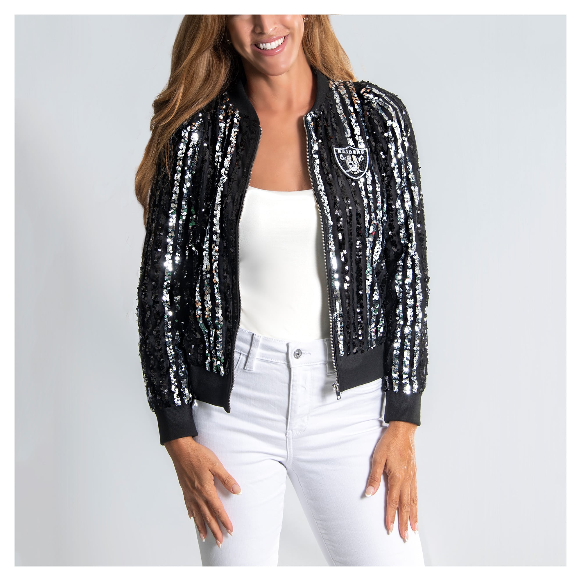 Women's Cuce Black Las Vegas Raiders Slim Fit Sequin Striped Full-Zip Bomber Jacket
