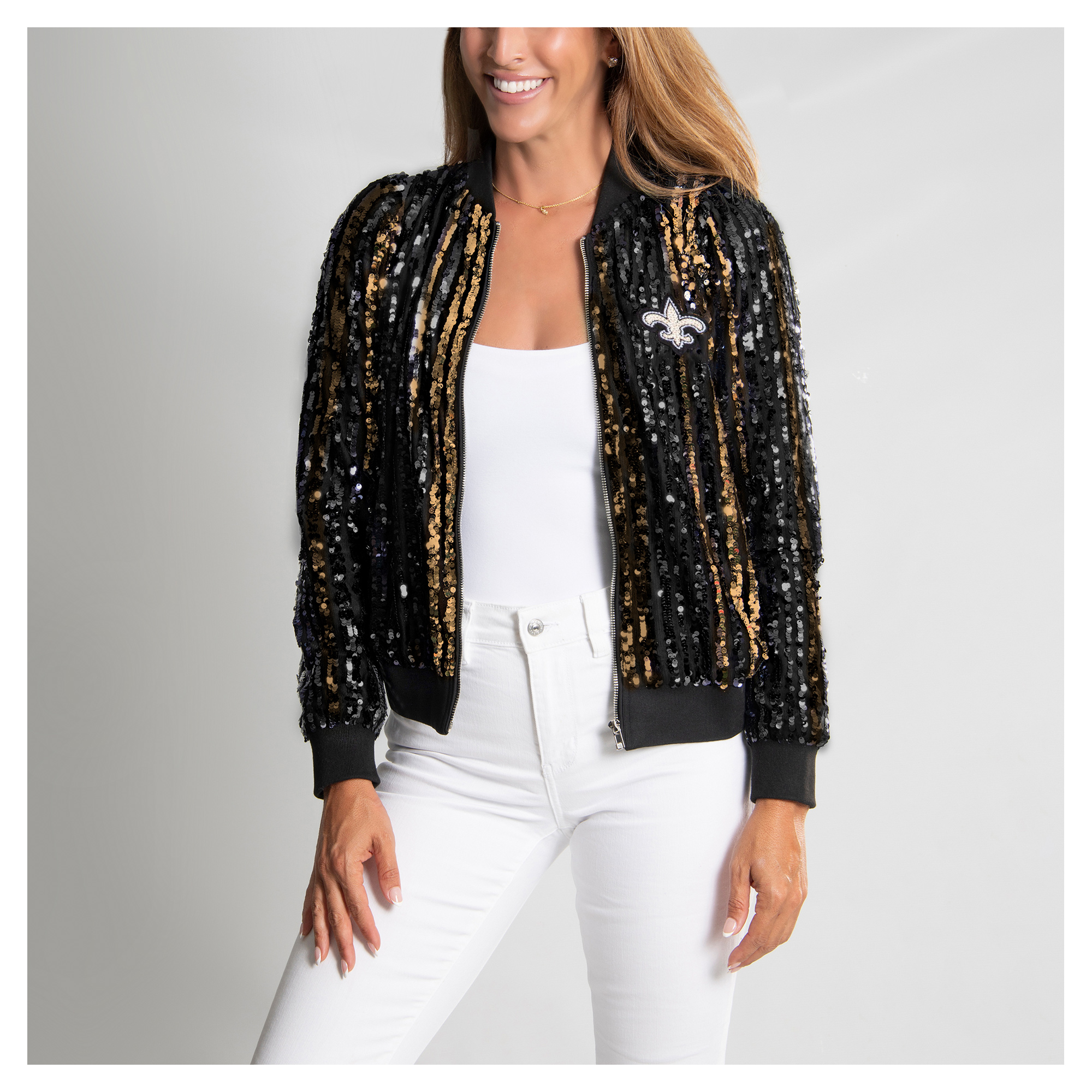 Women's FABGATING by Cuce Black New Orleans Saints Slim Fit Sequin Striped Full-Zip Bomber Jacket