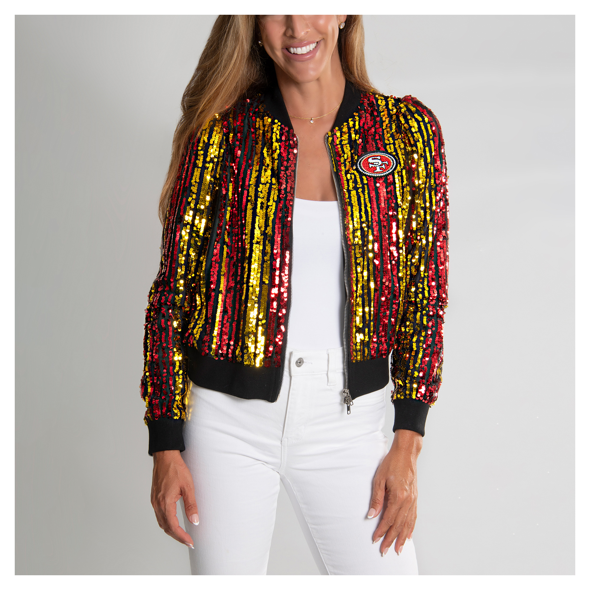 Women's FABGATING by Cuce Scarlet San Francisco 49ers Slim Fit Sequin Striped Full-Zip Bomber Jacket