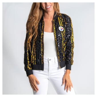 Women's Cuce  Black Pittsburgh Steelers Slim Fit Sequin Striped Full-Zip Bomber Jacket