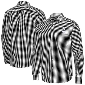 Men's Antigua Black Los Angeles Dodgers Ellis Woven Tri-Blend Button-Down Shirt