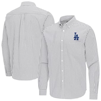 Men's Antigua Gray Los Angeles Dodgers Ellis Woven Tri-Blend Button-Down Shirt