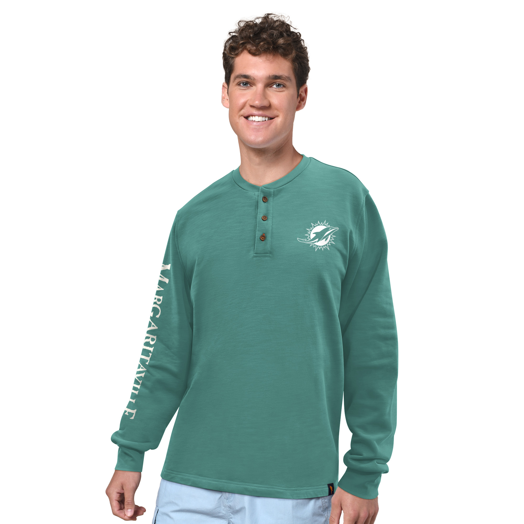 Men's Margaritaville Aqua Miami Dolphins Five O'Clock Henley Long Sleeve T-Shirt