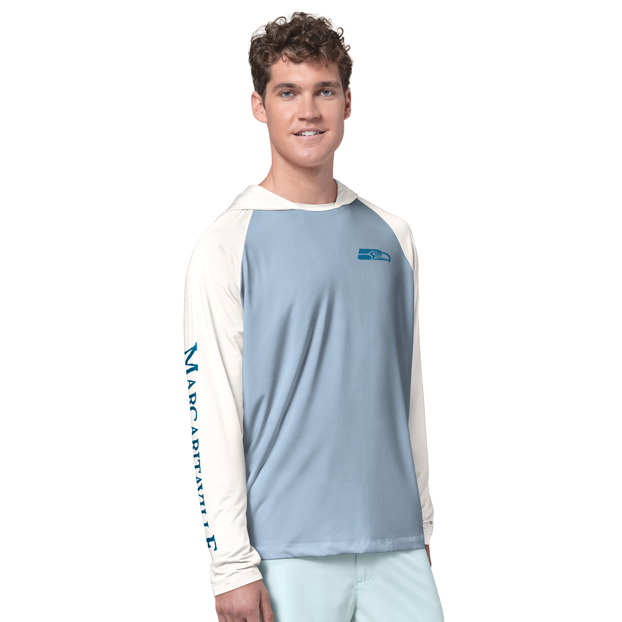 Men's Margaritaville Light Blue/Cream Seattle Seahawks Sand, Sea, Sunsets Long-Sleeve Rashguard Hoodie Pullover