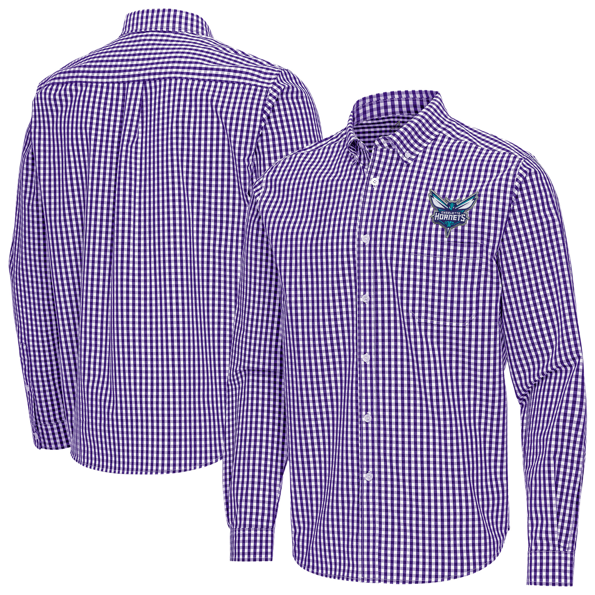 Men's Antigua Purple Charlotte Hornets Ellis Woven Tri-Blend Button-Down Shirt