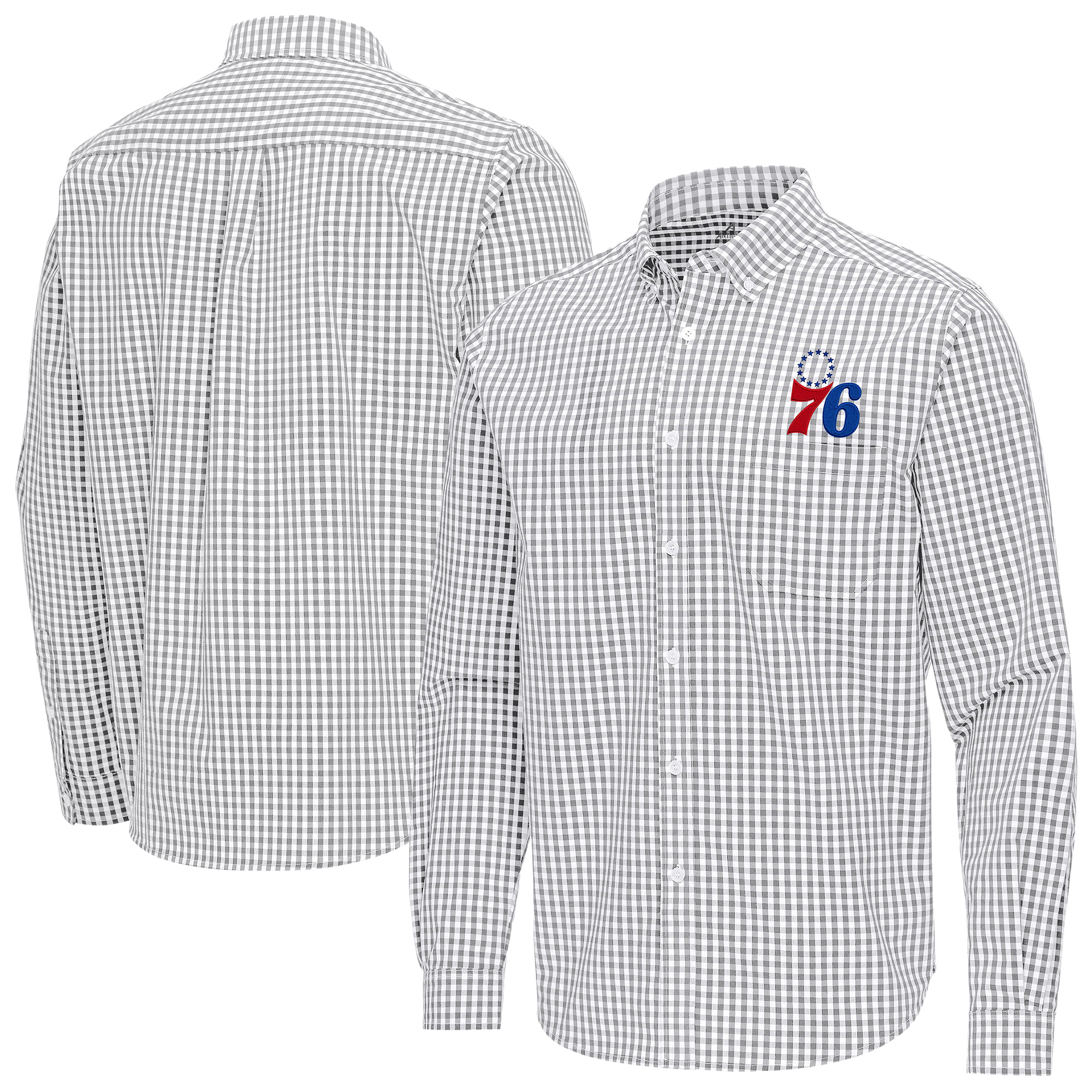 Men's Antigua Gray Philadelphia 76ers Ellis Woven Tri-Blend Button-Down Shirt