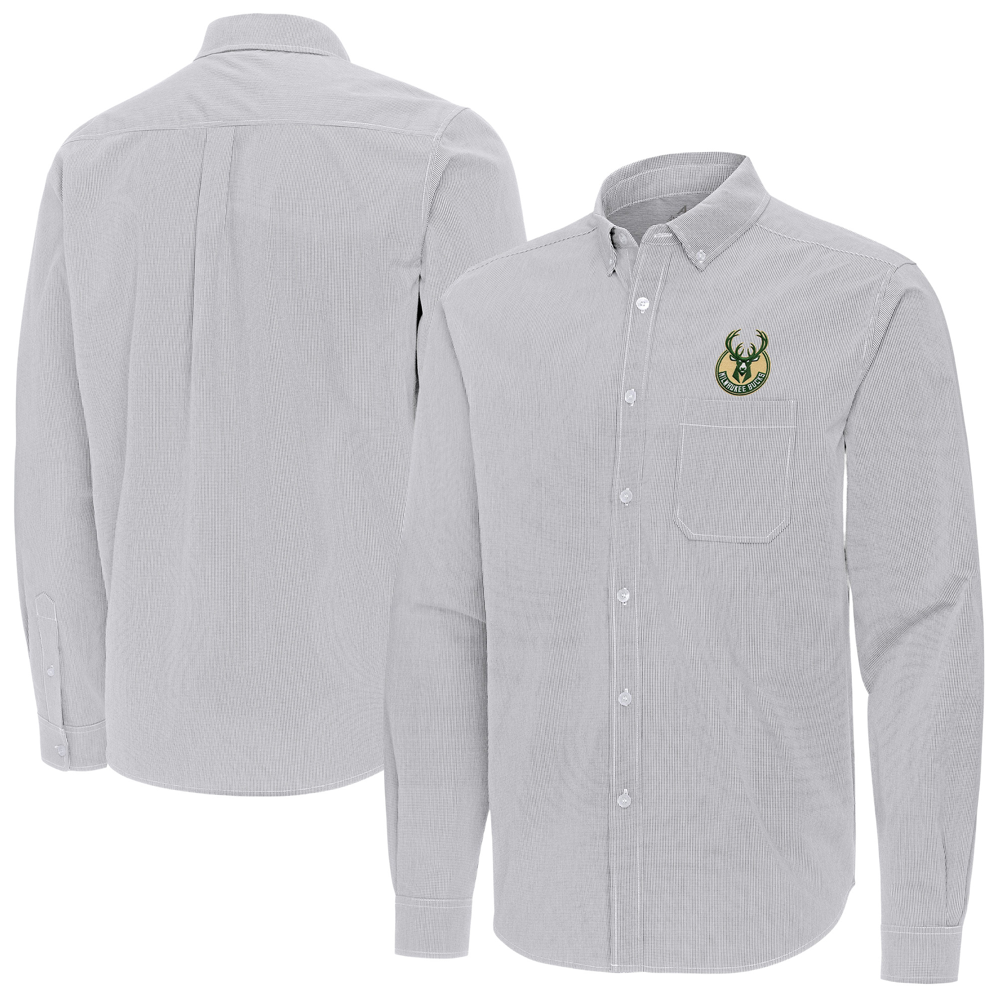 Men's Antigua Gray Milwaukee Bucks Porter Woven Long Sleeve Button-Down Shirt