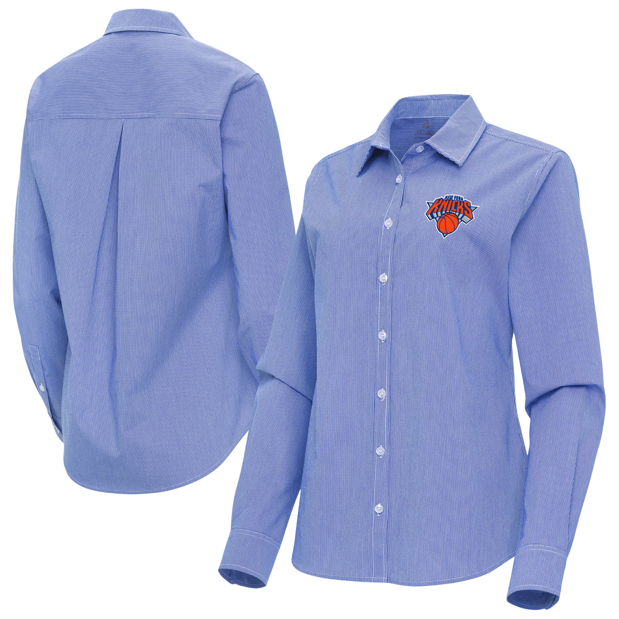 Women’s Antigua Blue New York Knicks Porter Woven Long Sleeve Button-Up Shirt Women’s Antigua Blue New York Knicks Porter Woven Long Sleeve Button-Up Shirt