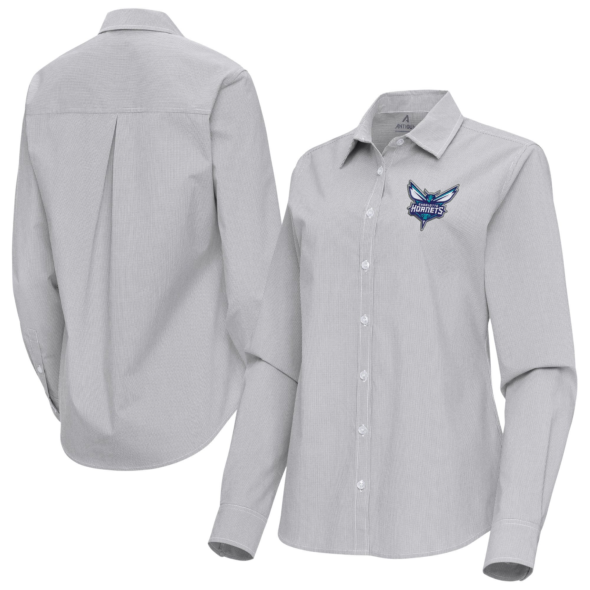Women's Antigua Gray Charlotte Hornets Porter Woven Long Sleeve Button-Up Shirt