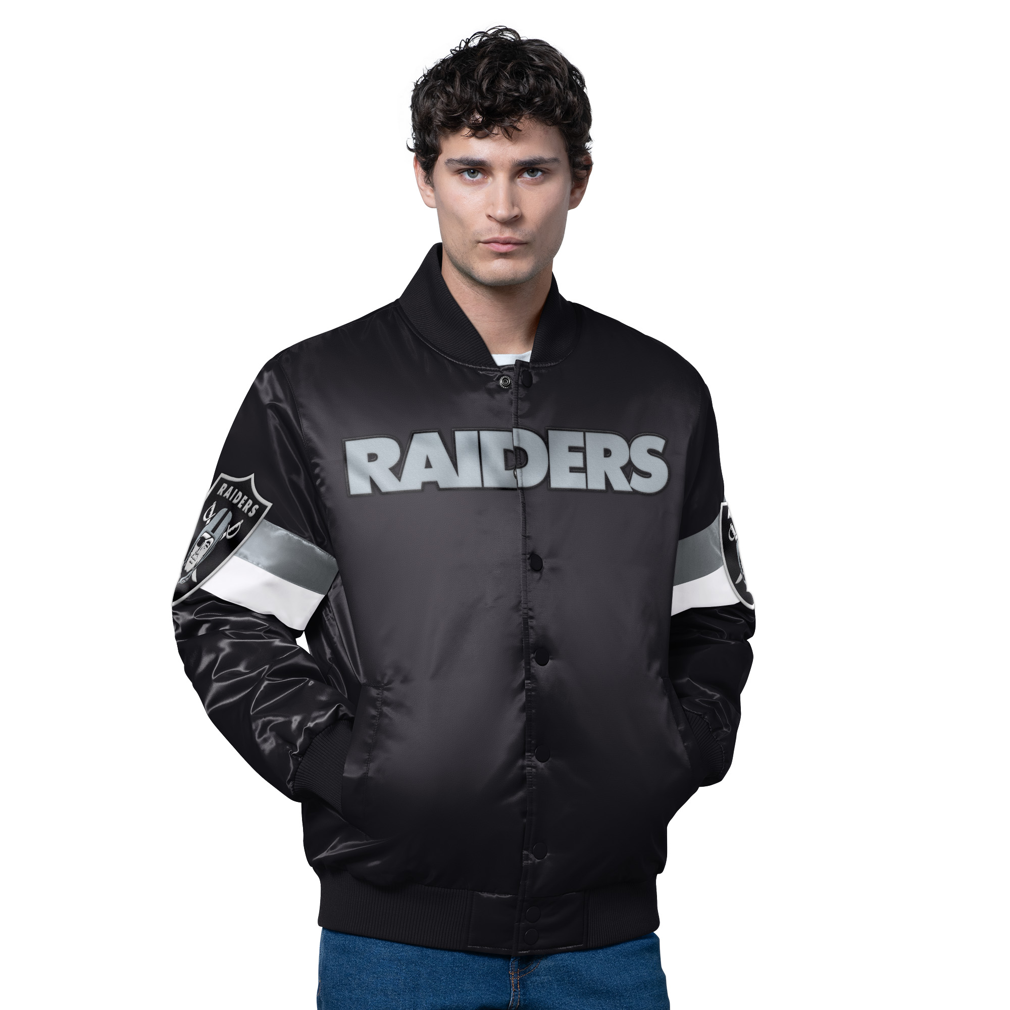 Men's Starter Black Las Vegas Raiders Triple Option Satin Varsity Full-Snap Jacket