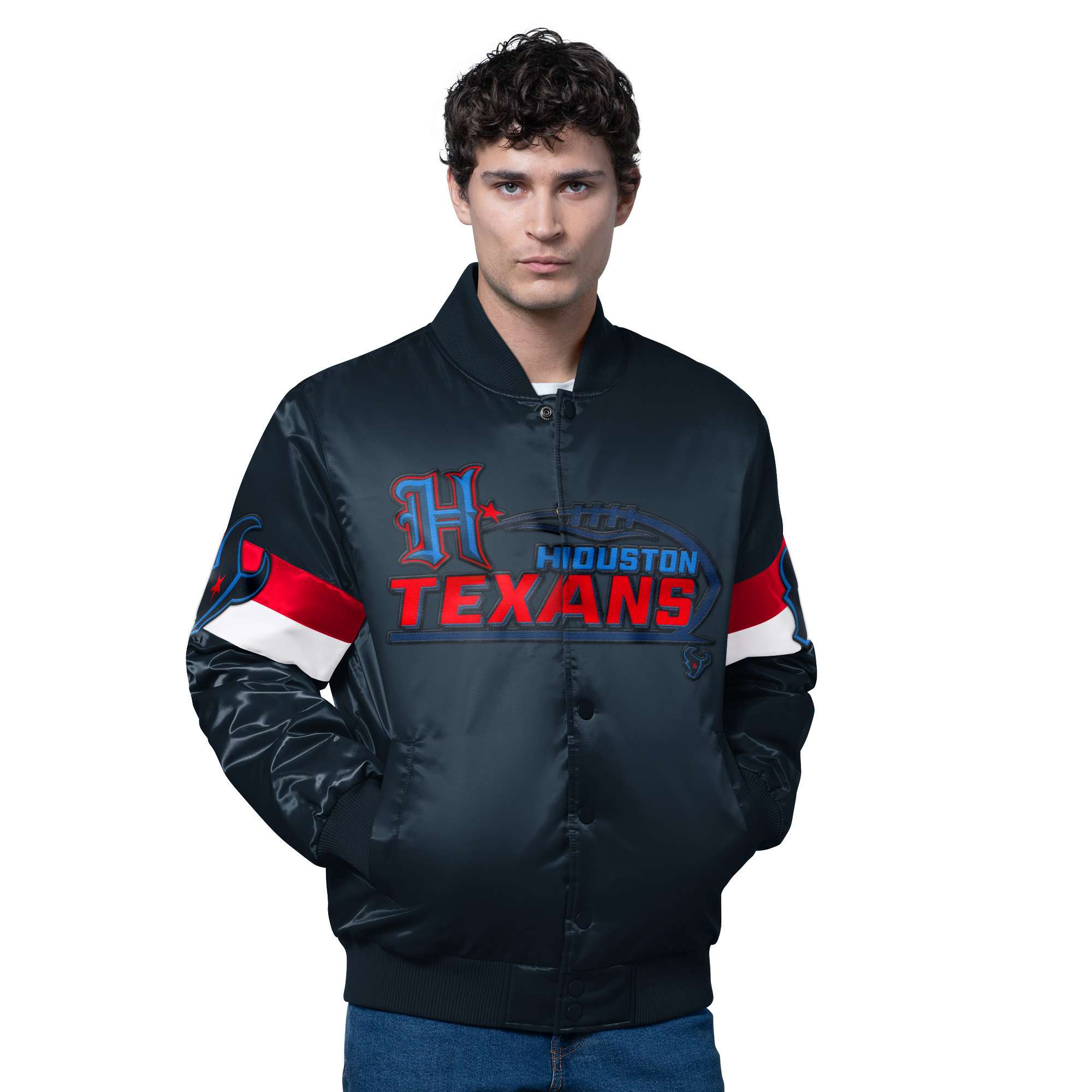 Men's Starter Black Houston Texans Triple Option Satin Varsity Vintage Logo Full-Snap Jacket