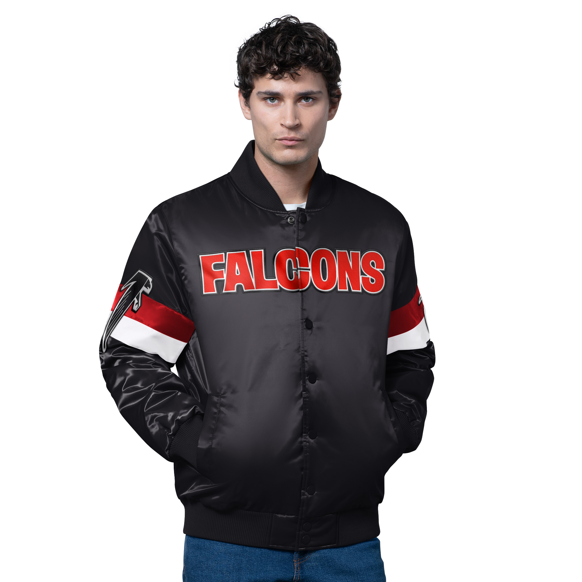 Men's Starter Black Atlanta Falcons Triple Option Satin Varsity Vintage Logo Full-Snap Jacket