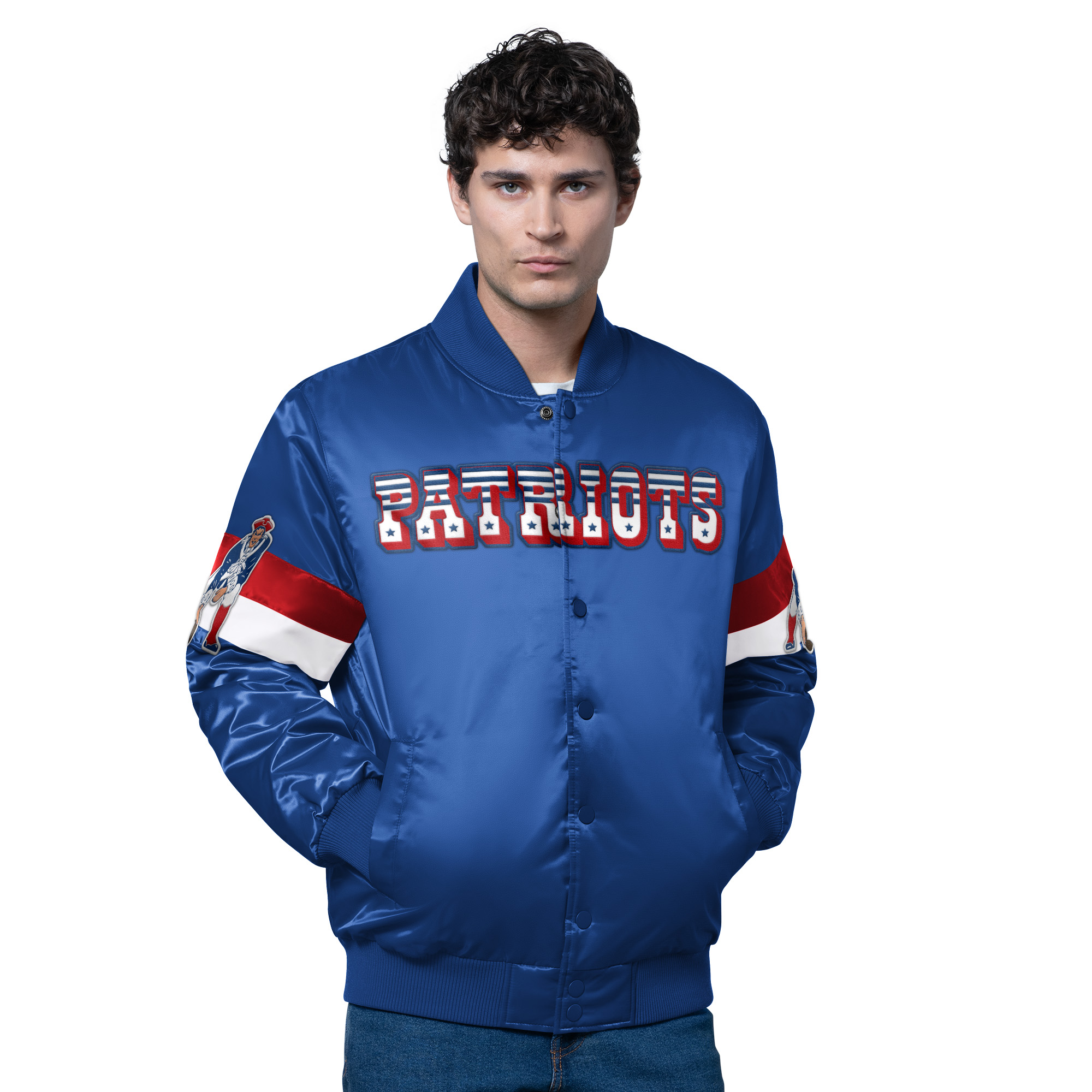 Men's Starter Royal New England Patriots Triple Option Satin Varsity Vintage Logo Full-Snap Jacket