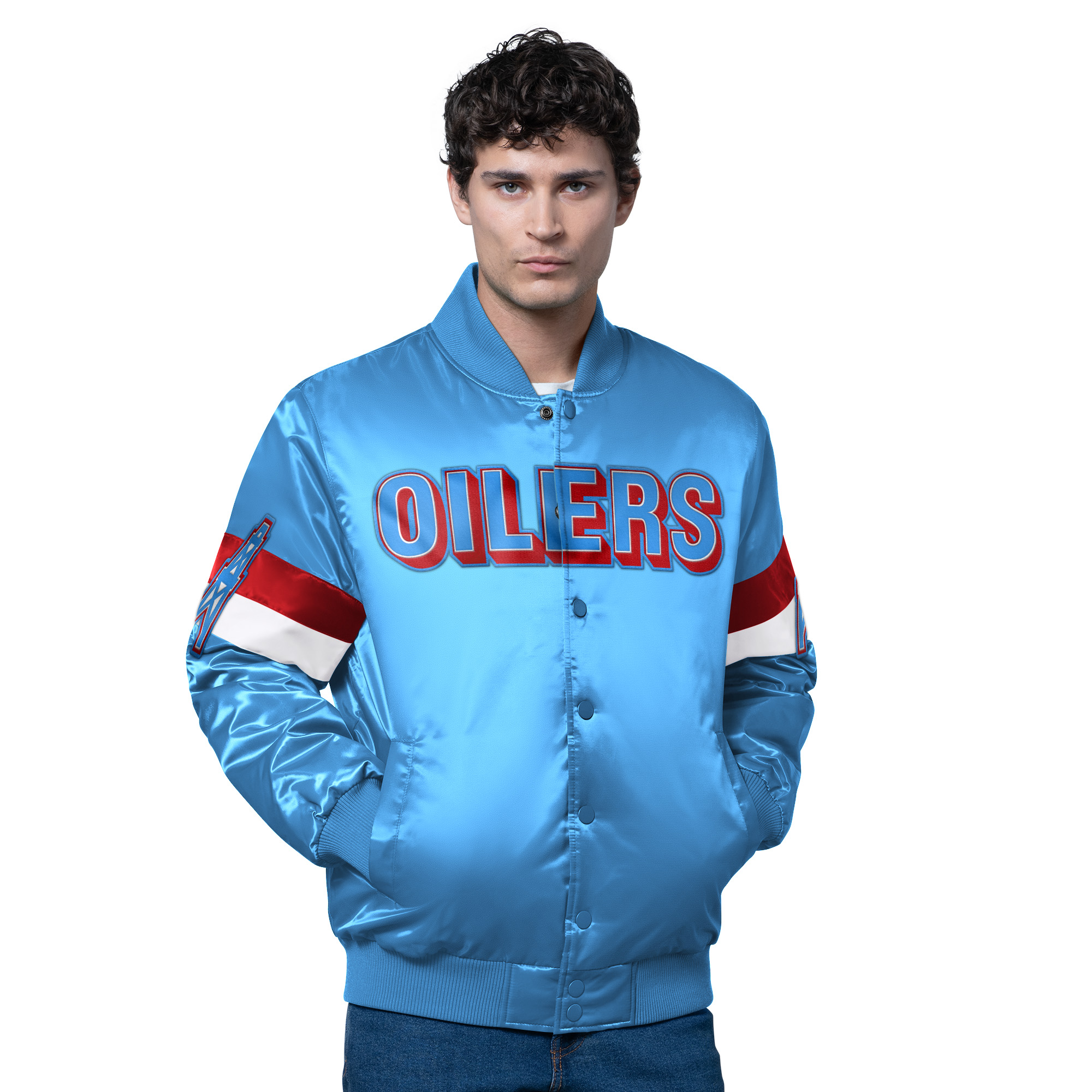 Men's Starter Light Blue Houston Oilers Triple Option Satin Varsity Vintage Logo Full-Snap Jacket