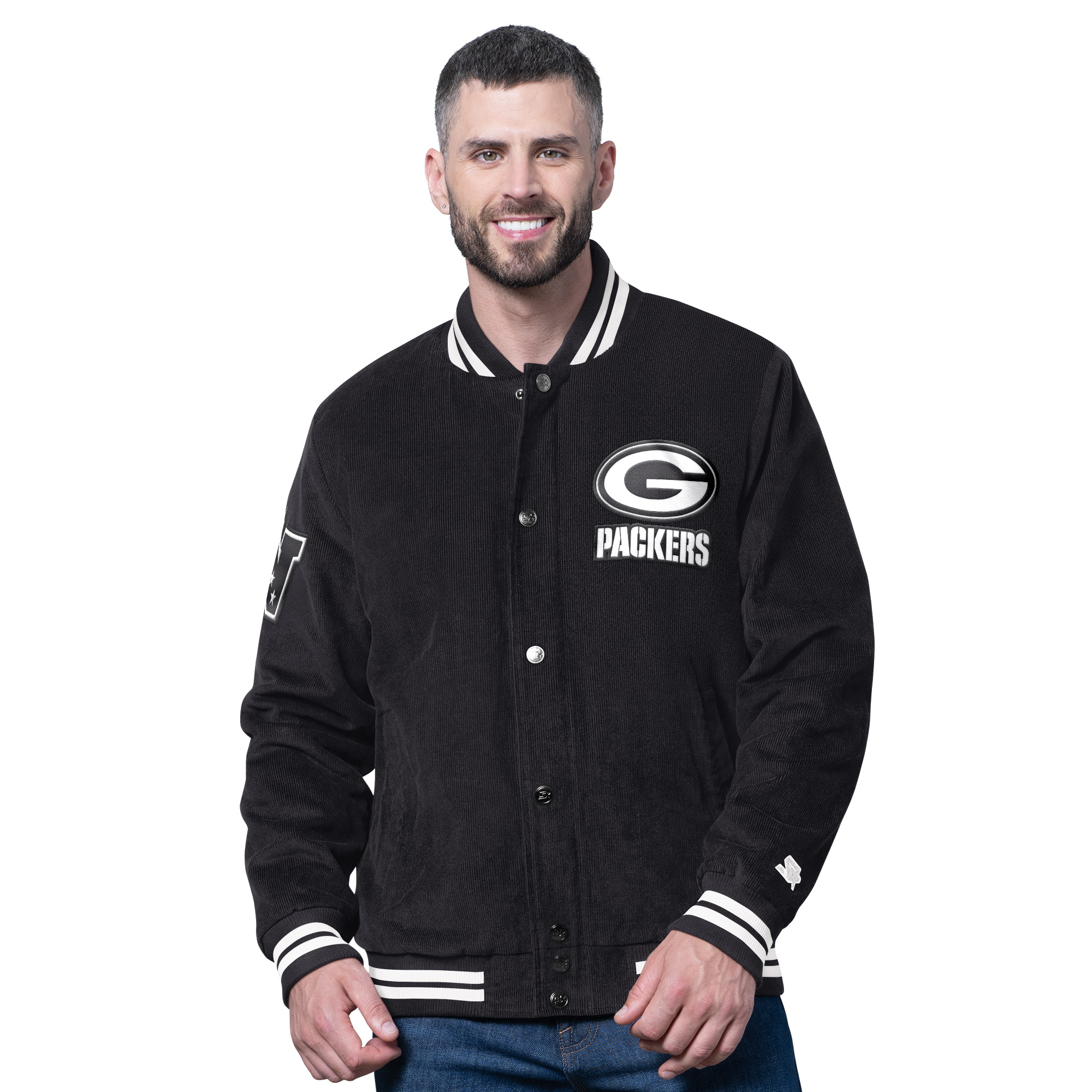 Men's Starter Black Green Bay Packers Blackout Corduroy Full-Snap Varsity Jacket