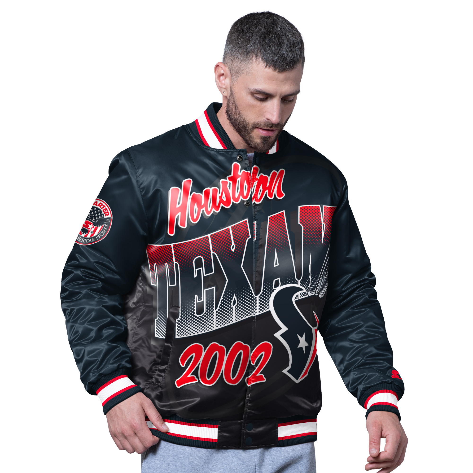 Men's Starter Navy Houston Texans Pass Rush Varsity Full-Snap Jacket