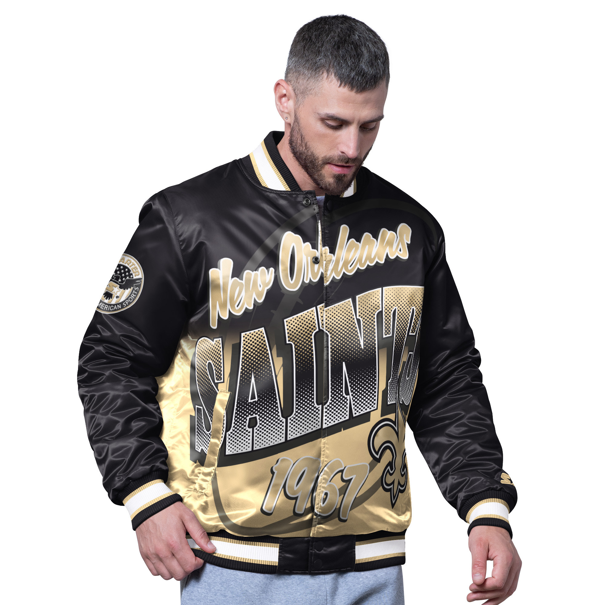 Men's Starter Black New Orleans Saints Pass Rush Varsity Full-Snap Jacket