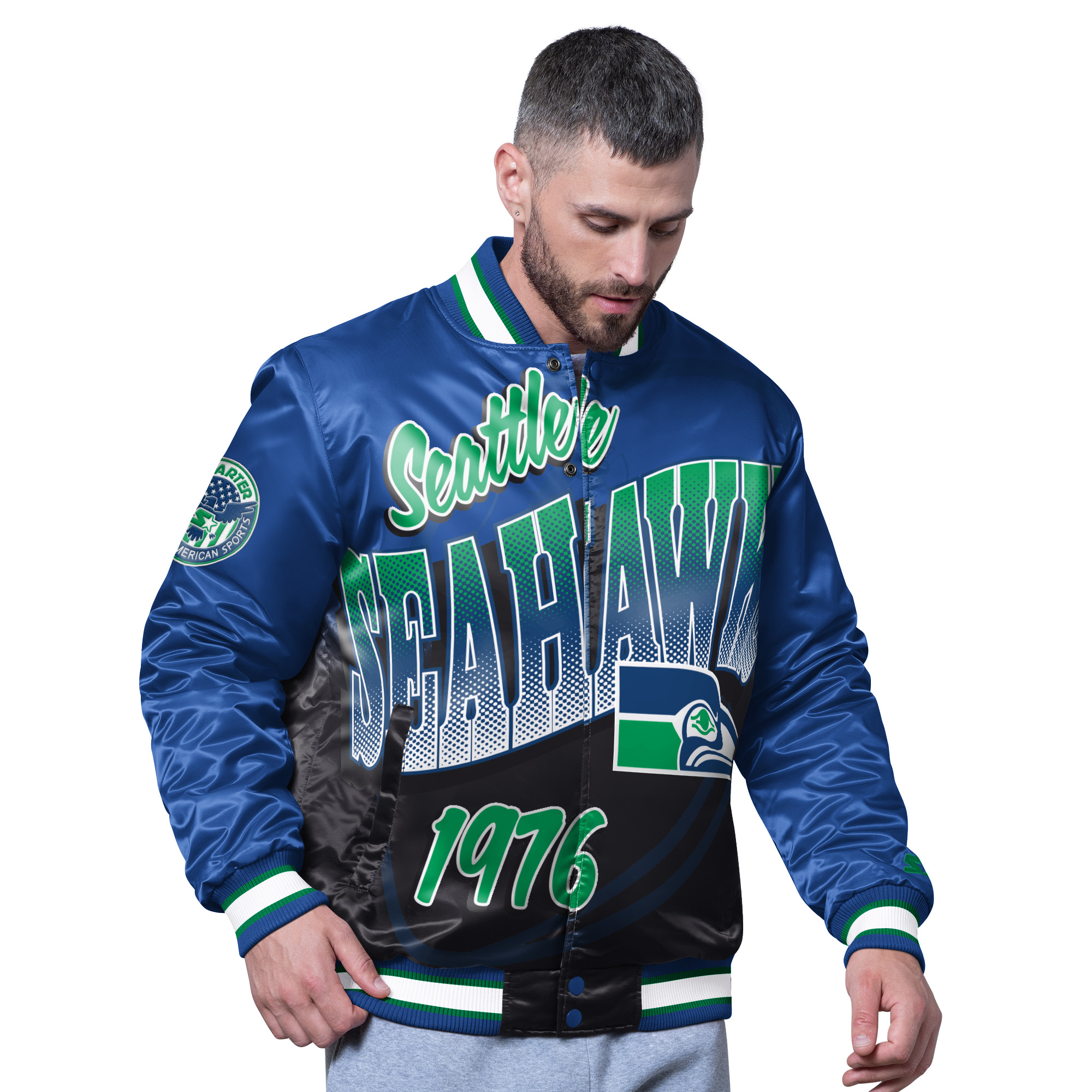 Men's Starter Royal Seattle Seahawks Pass Rush Varsity Full-Snap Jacket