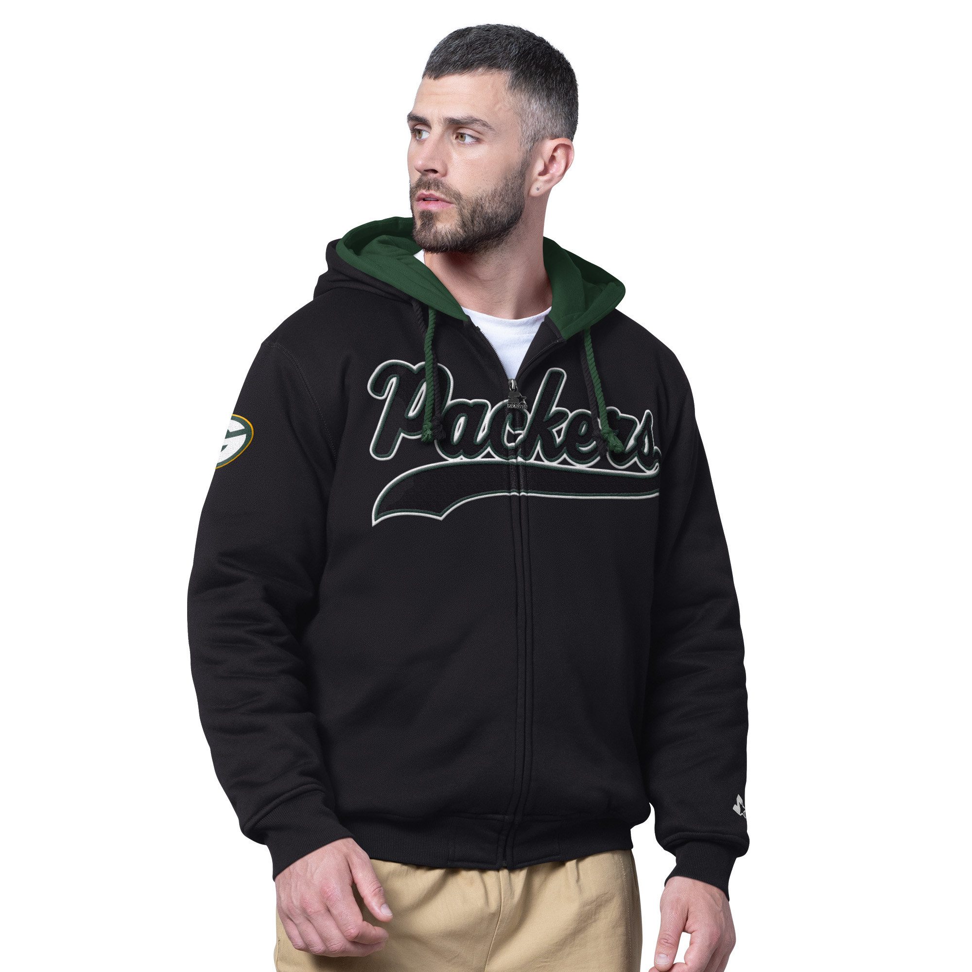 Men's Starter Black Green Bay Packers Big Shot Full-Zip Double Hoodie