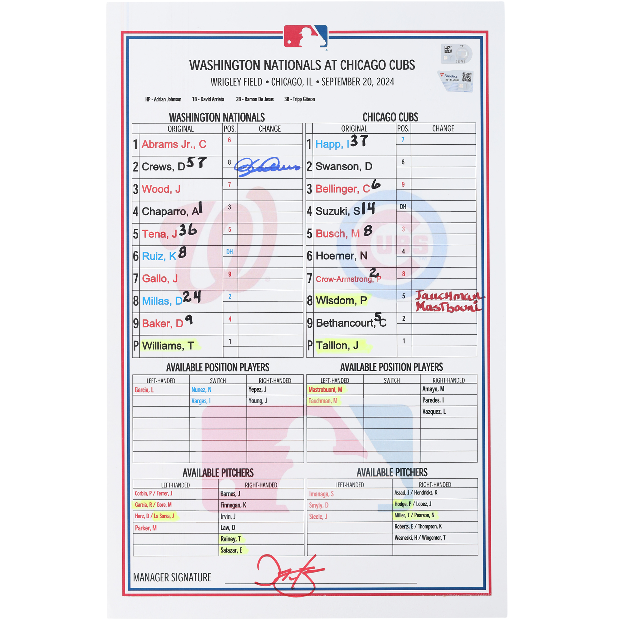 Dylan Crews Washington Nationals Autographed Game-Used Lineup Card vs. Chicago Cubs on September 20, 2024