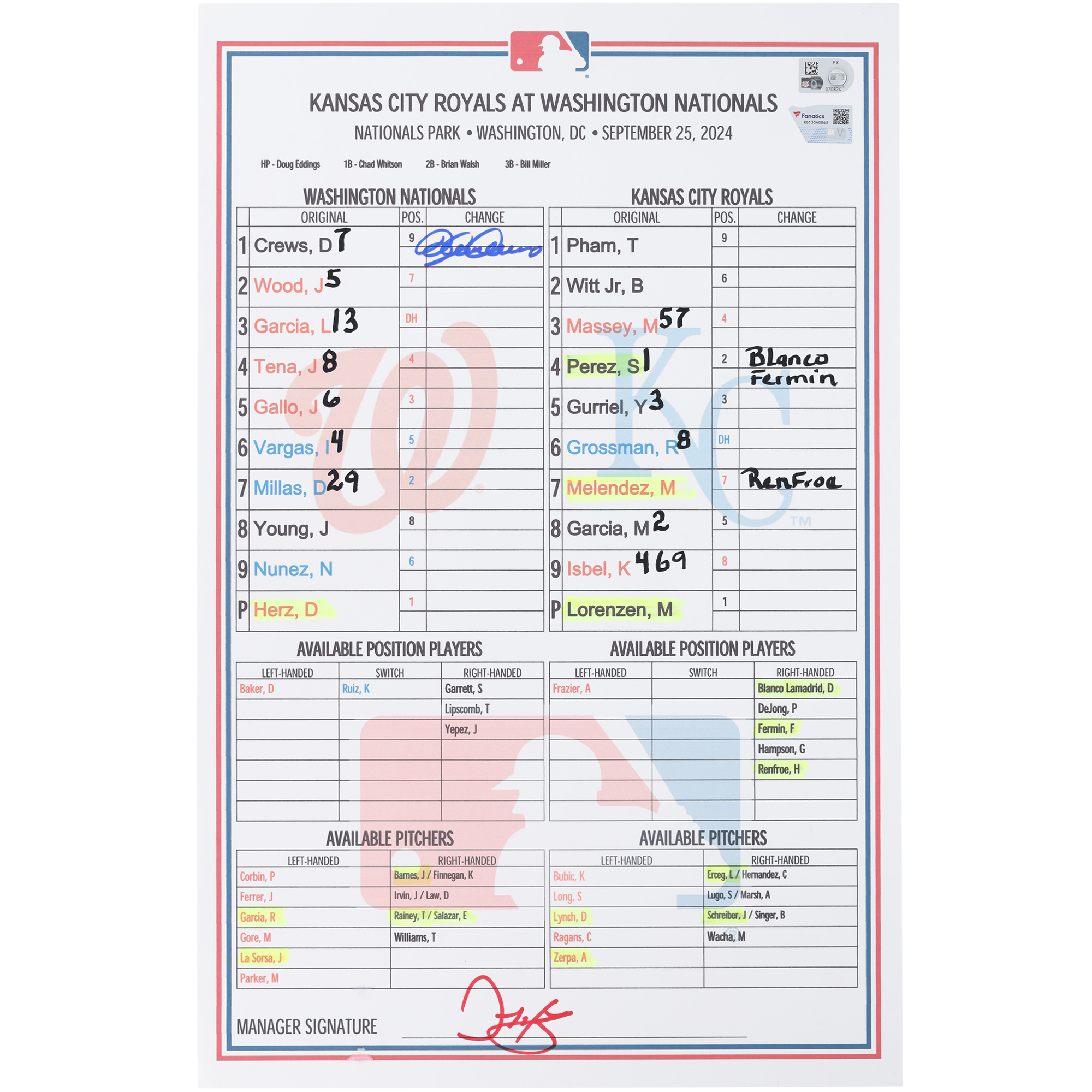 Dylan Crews Washington Nationals Autographed Game-Used Lineup Card vs. Kansas City Royals on September 25, 2024