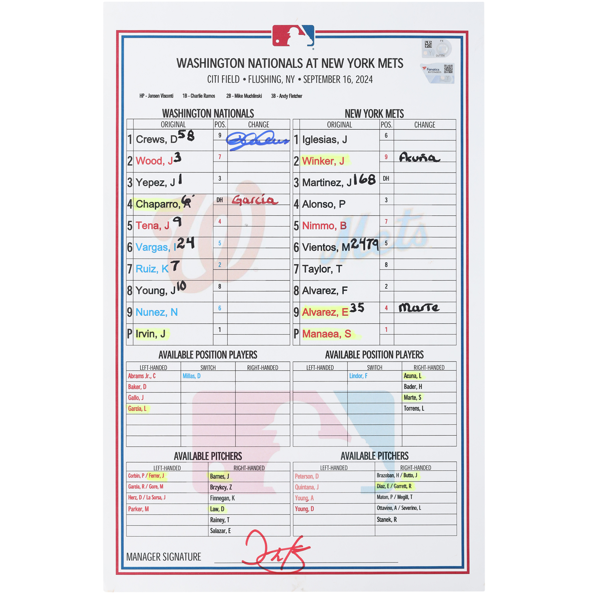 Dylan Crews Washington Nationals Autographed Game-Used Lineup Card vs. New York Mets on September 16, 2024