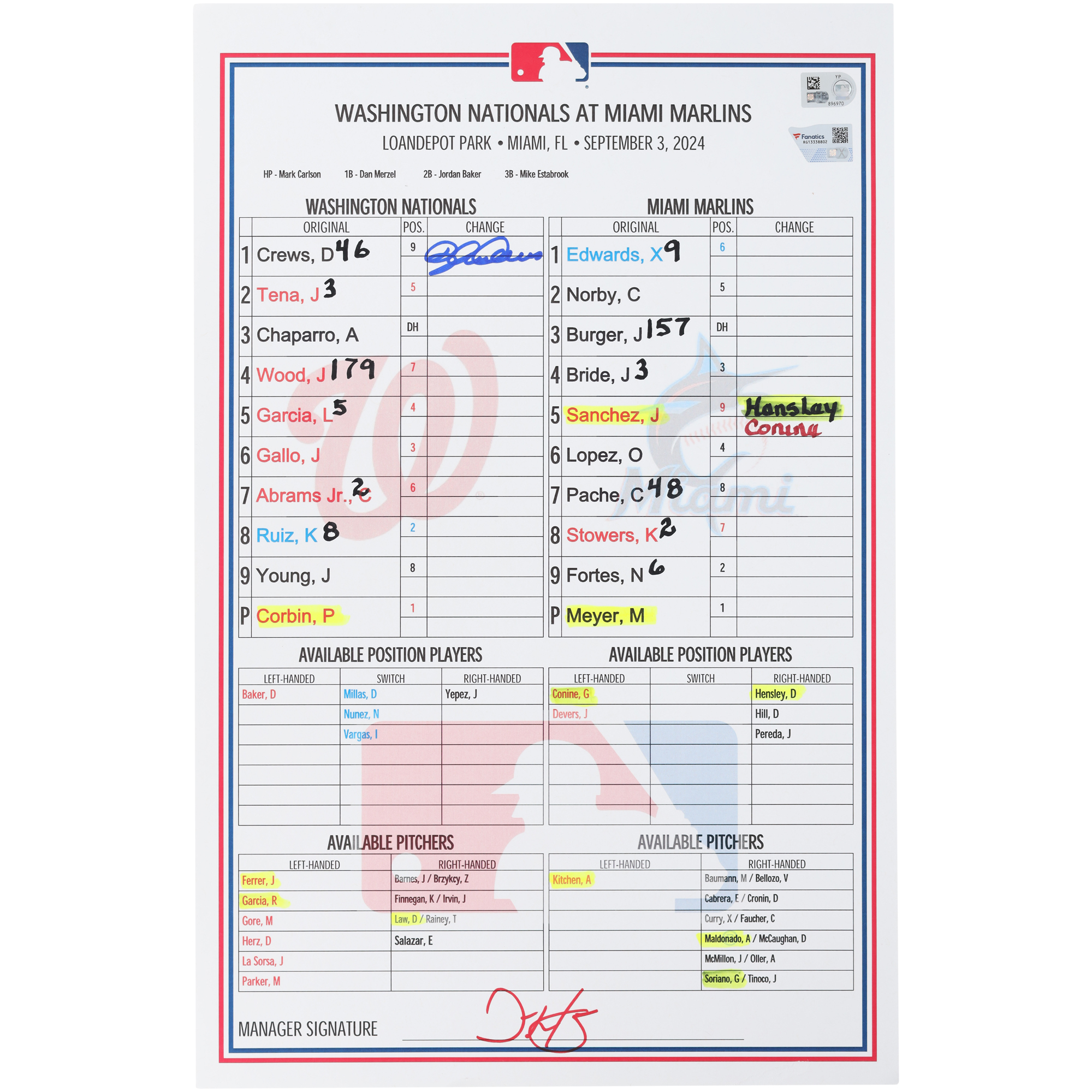 Dylan Crews Washington Nationals Autographed Game-Used Lineup Card vs. Miami Marlins on September 3, 2024