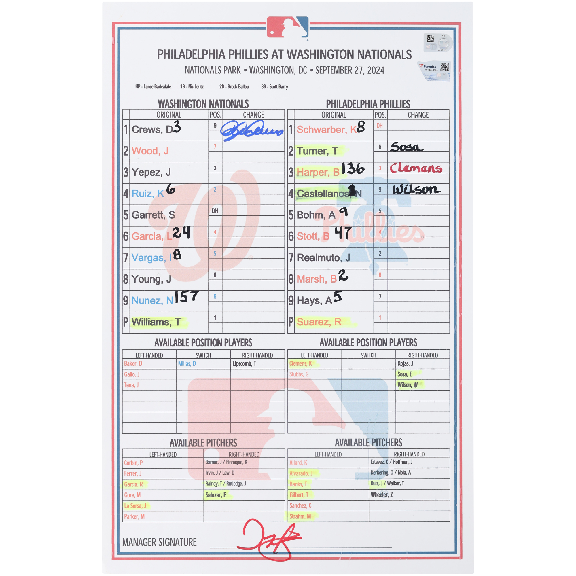 Dylan Crews Washington Nationals Autographed Game-Used Lineup Card vs. Philadelphia Phillies on September 27, 2024