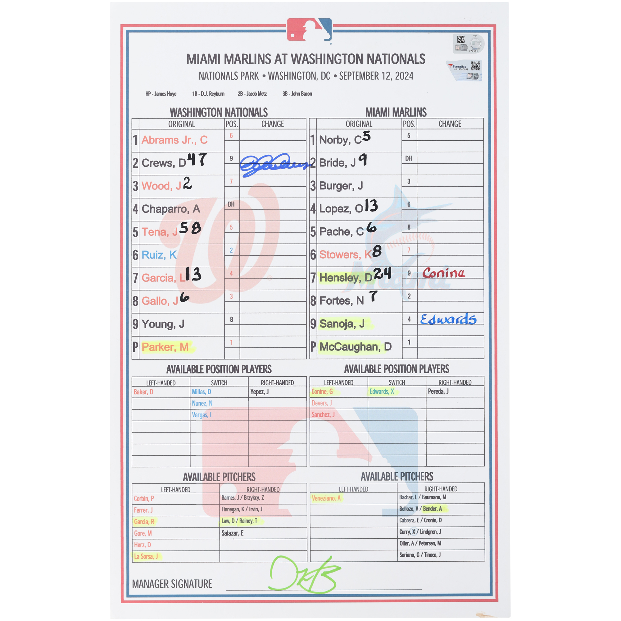 Dylan Crews Washington Nationals Autographed Game-Used Lineup Card vs. Miami Marlins on September 12, 2024
