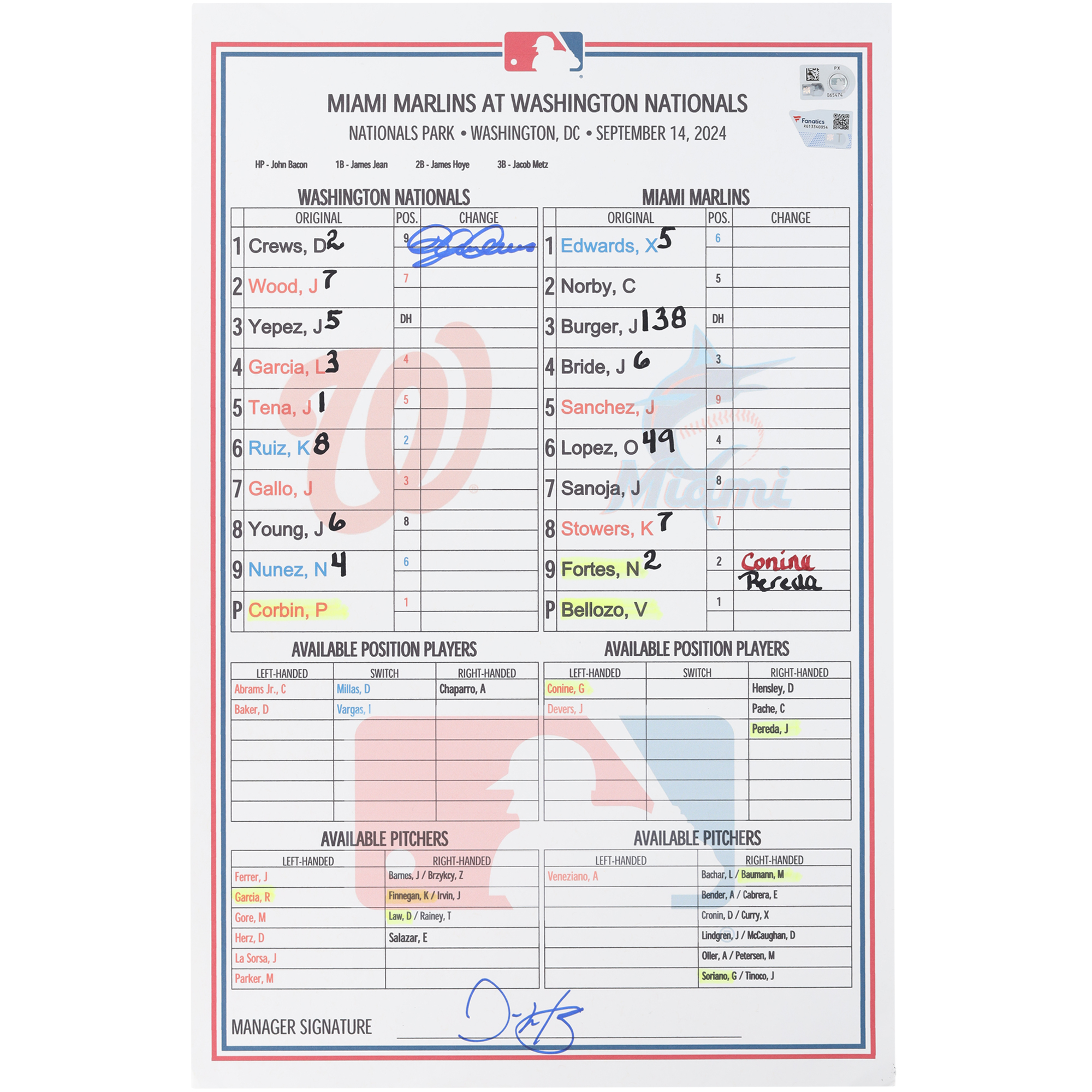 Dylan Crews Washington Nationals Autographed Game-Used Lineup Card vs. Miami Marlins on September 14, 2024