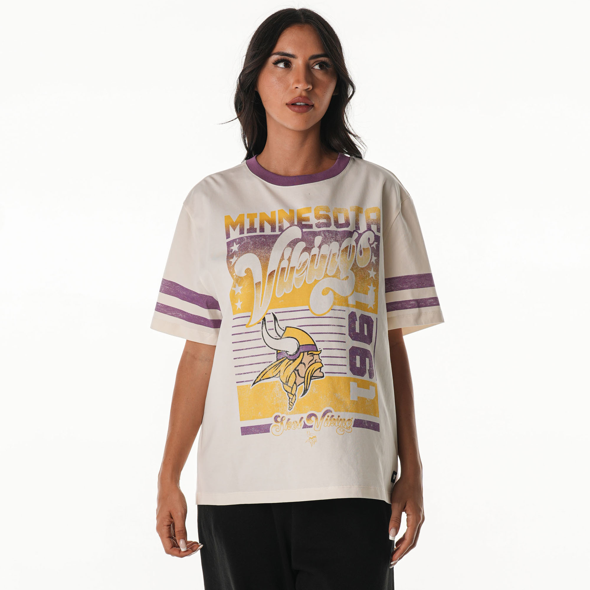 Women's The Wild Collective Cream Minnesota Vikings Vintage Drop Shoulder Oversized Boyfriend T-Shirt