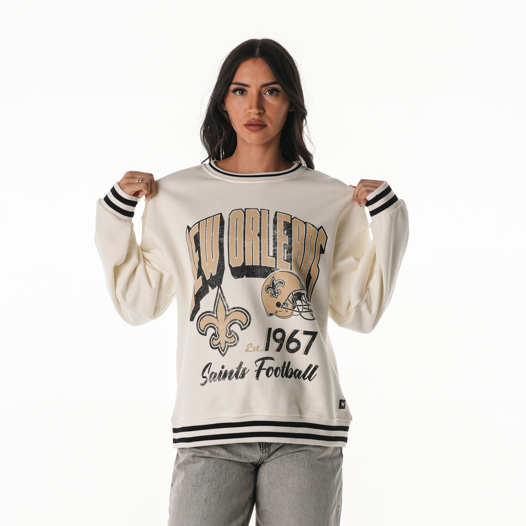 Women's The Wild Collective Cream New Orleans Saints Oversized Vintage French Terry Sweatshirt