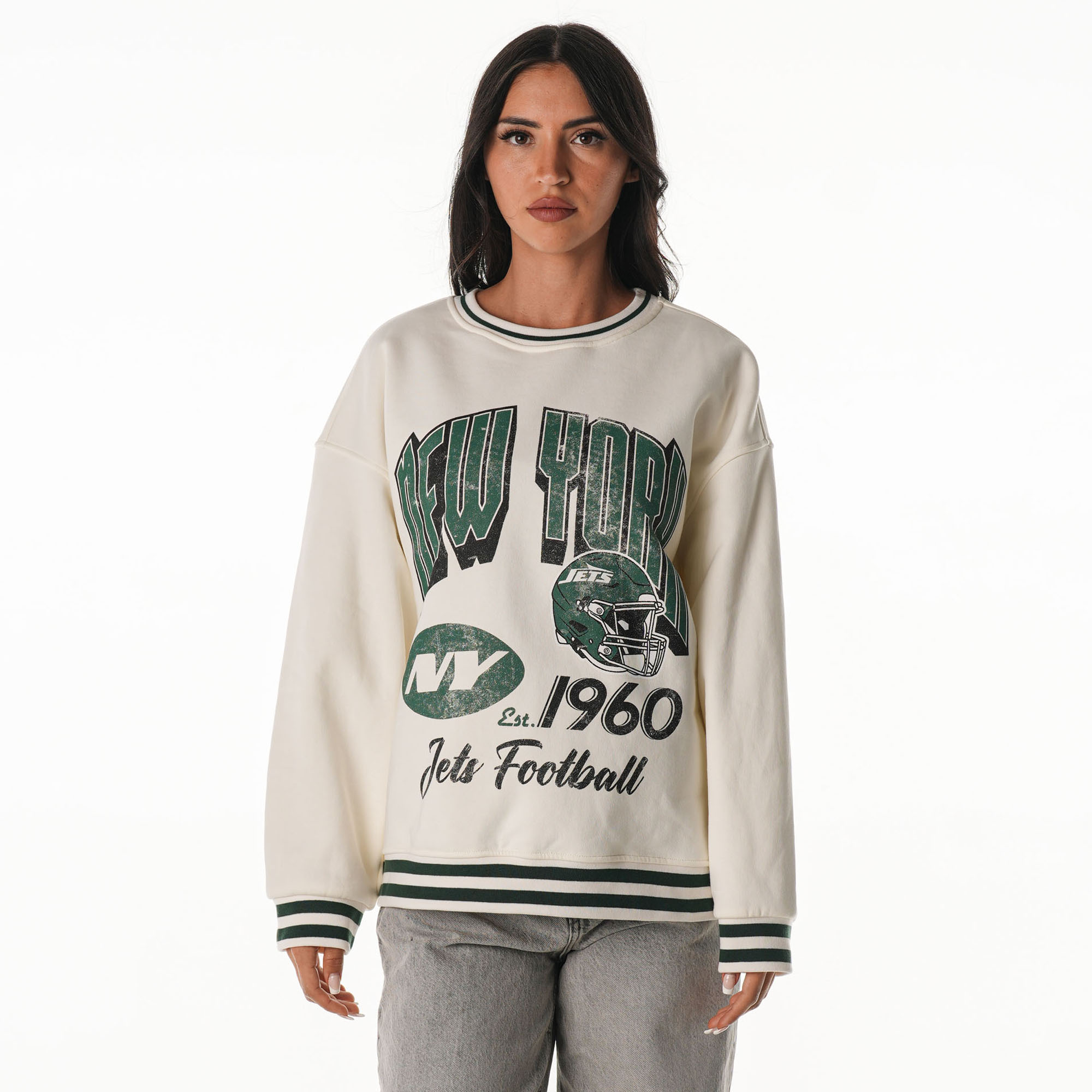 Women's The Wild Collective Cream New York Jets Oversized Vintage French Terry Sweatshirt