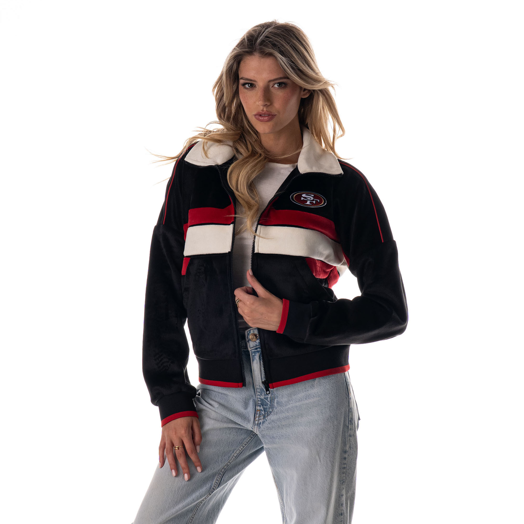 Women's The Wild Collective Black San Francisco 49ers Cropped Corduroy Full-Zip Bomber Jacket