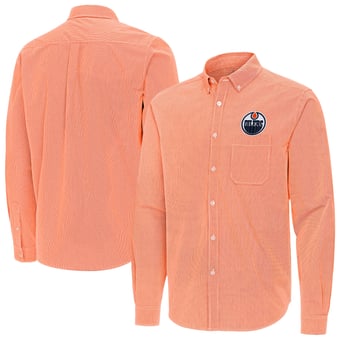 Men's Antigua Orange Edmonton Oilers Porter Woven Tri-Blend Long Sleeve Button-Down Shirt