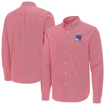 Men's Antigua Red New York Rangers Porter Woven Tri-Blend Long Sleeve Button-Down Shirt