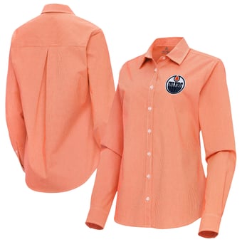 Women's Antigua Orange Edmonton Oilers Porter Woven Tri-Blend Long Sleeve Button-Up Shirt