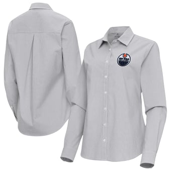 Women's Antigua Gray Edmonton Oilers Porter Woven Tri-Blend Long Sleeve Button-Up Shirt