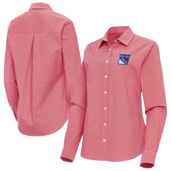 Women's Antigua Red New York Rangers Porter Woven Tri-Blend Long Sleeve Button-Up Shirt