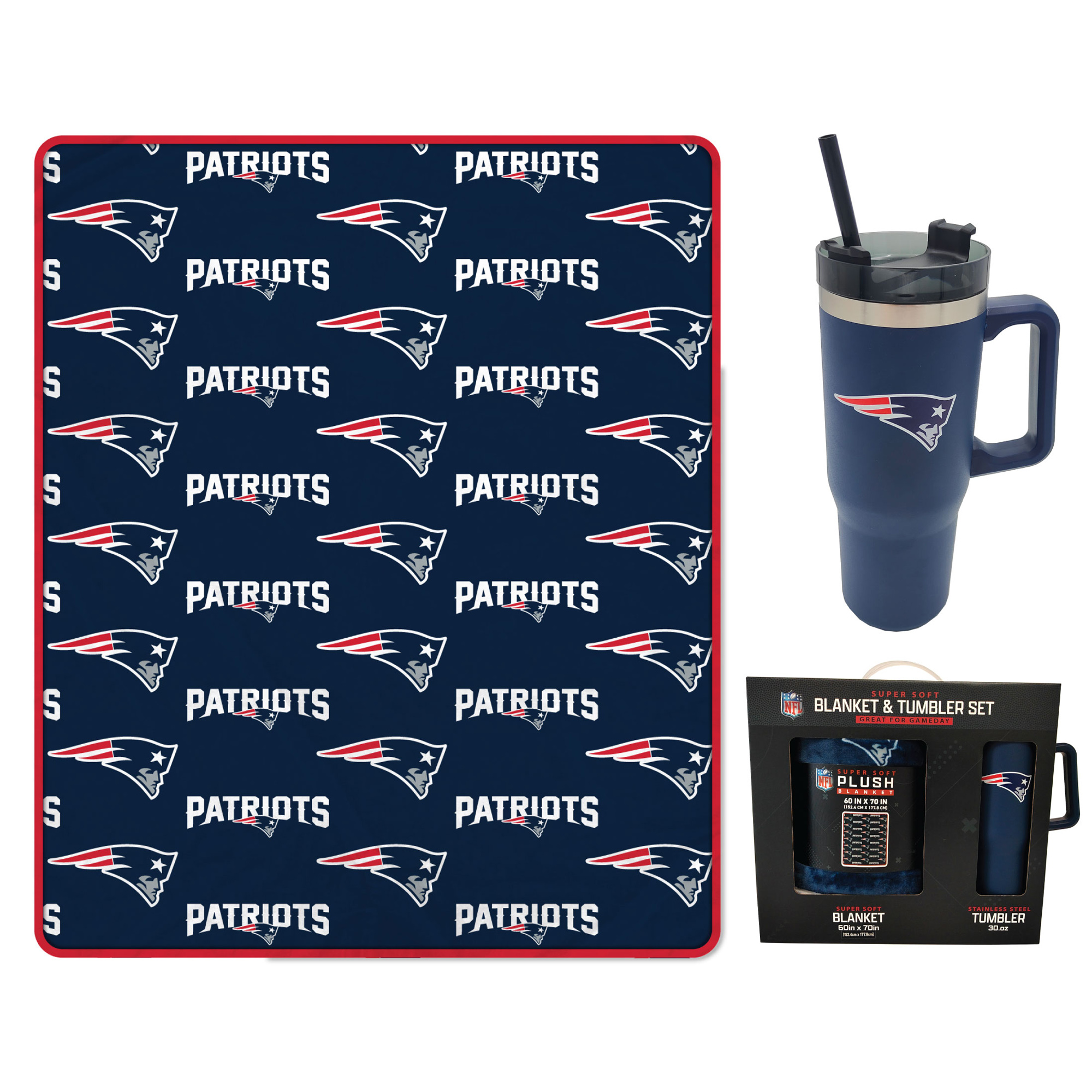 Pegasus New England Patriots 60" x 70" Logo Blanket and 30oz Stainless Steel Tumbler Combo