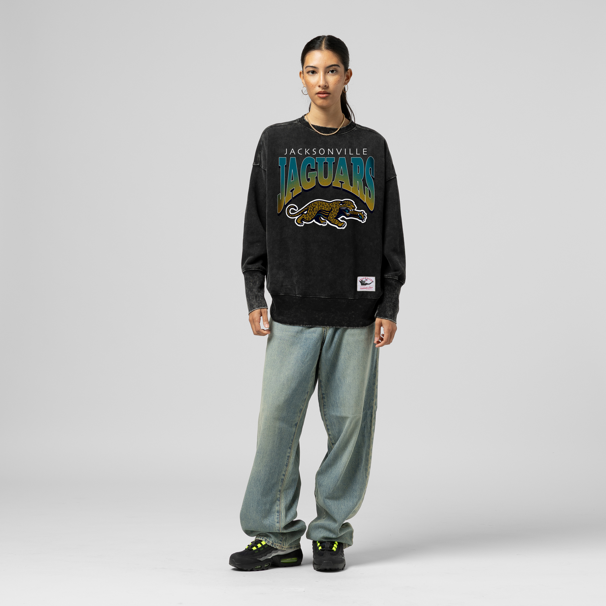 Women's Mitchell & Ness Black Jacksonville Jaguars Delineate Mineral Wash Crewneck Sweatshirt