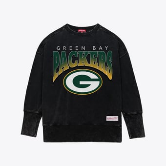 Women's Mitchell & Ness  Black Green Bay Packers Delineate Mineral Wash Crewneck Sweatshirt