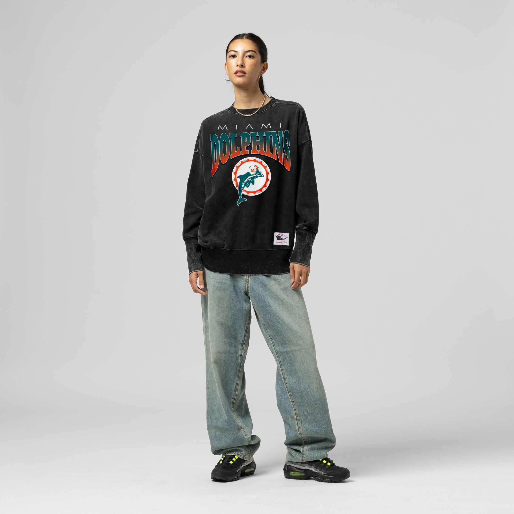 Women's Mitchell & Ness Black Miami Dolphins Delineate Mineral Wash Crewneck Sweatshirt