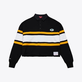 Women's Mitchell & Ness  Black Green Bay Packers  Cropped Long Sleeve Rugby Polo