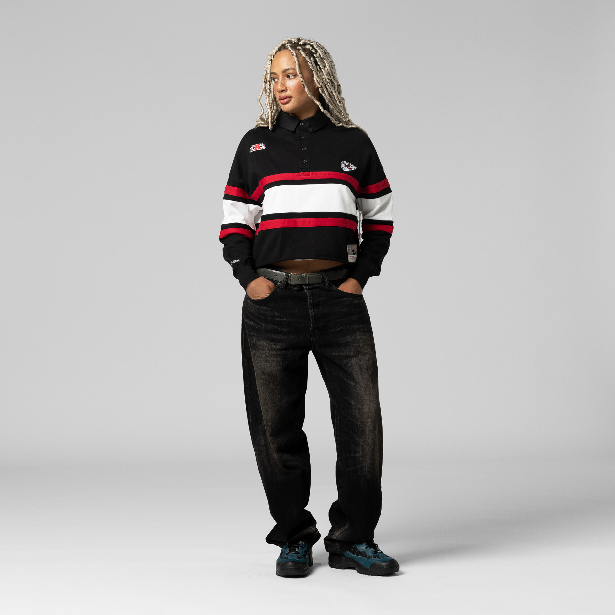 Women's Mitchell & Ness Black Kansas City Chiefs Cropped Long Sleeve Rugby Polo