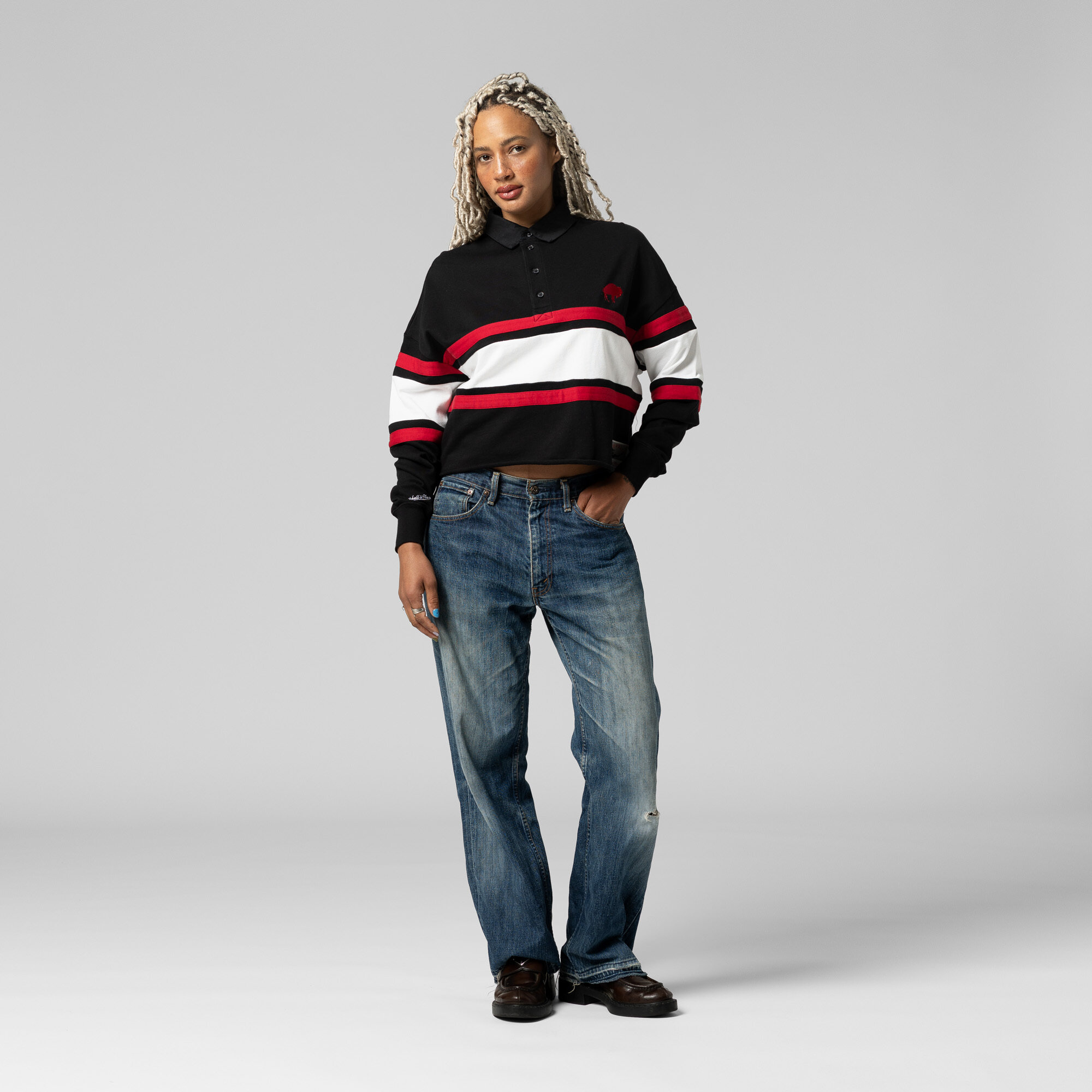 Women's Mitchell & Ness Black Buffalo Bills Throwback Cropped Long Sleeve Rugby Polo