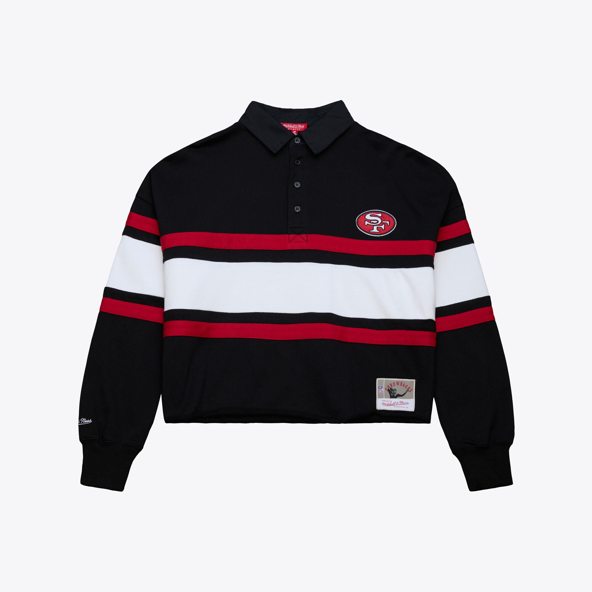 Women's Mitchell & Ness Black San Francisco 49ers Cropped Long Sleeve Rugby Polo