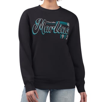 Women's Starter  Black Florida Marlins Cooperstown Collection Groovy Script Team Fleece Pullover Sweatshirt