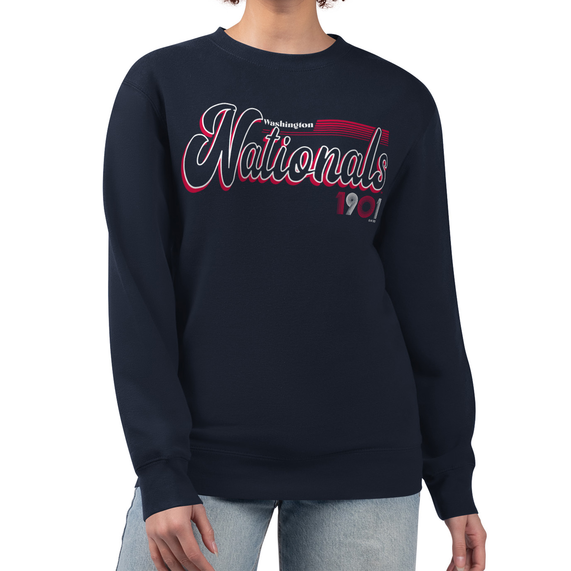 Women’s Starter Navy Washington Nationals Groovy Script Team Fleece Pullover Sweatshirt Women’s Starter Navy Washington Nationals Groovy Script Team Fleece Pullover Sweatshirt
